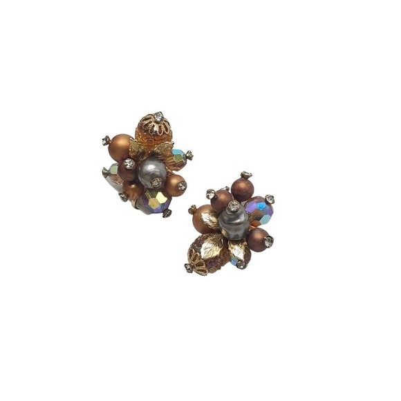 Vendome Brown Silver Cluster Bead Earrings Screw Back Closure Gold Tone VTG - Picture 4 of 8